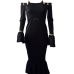  Sexy Bateau Neck Falbala Design Black Velvet Ankle Length Dress  