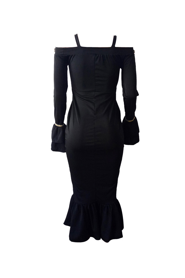  Sexy Bateau Neck Falbala Design Black Velvet Ankle Length Dress  