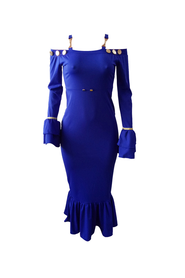  Sexy Bateau Neck Falbala Design Blue Velvet Ankle Length Dress