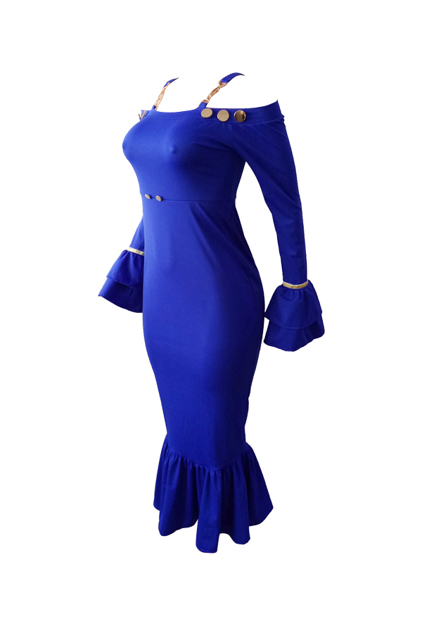  Sexy Bateau Neck Falbala Design Blue Velvet Ankle Length Dress