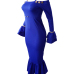  Sexy Bateau Neck Falbala Design Blue Velvet Ankle Length Dress