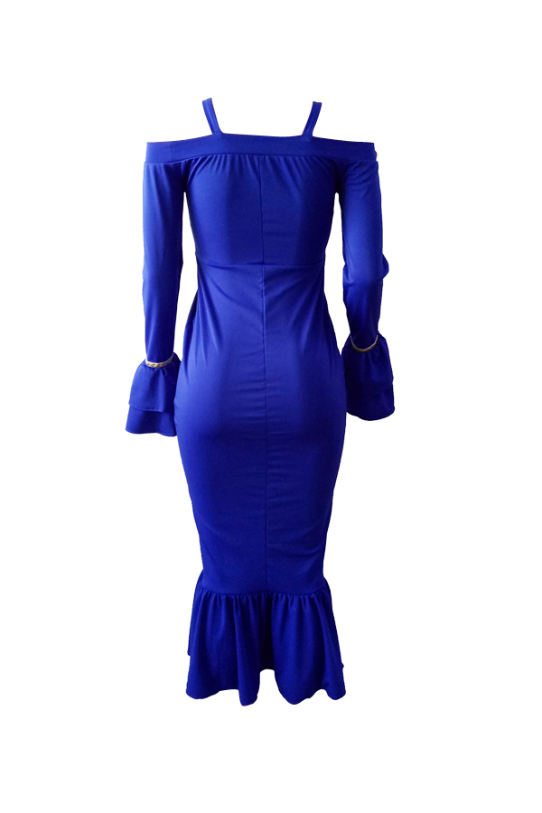  Sexy Bateau Neck Falbala Design Blue Velvet Ankle Length Dress