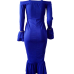  Sexy Bateau Neck Falbala Design Blue Velvet Ankle Length Dress