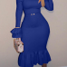  Sexy Bateau Neck Falbala Design Blue Velvet Ankle Length Dress