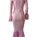  Sexy Bateau Neck Falbala Design Pink Velvet Ankle Length Dress