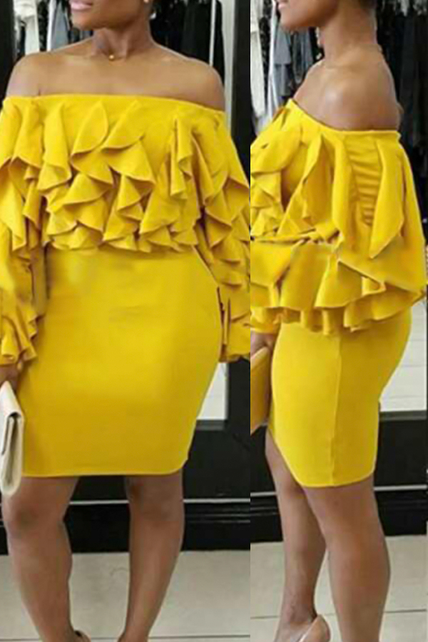  Sexy Bateau Neck Layered Ruffles Yellow Milk Fiber Mini Dress