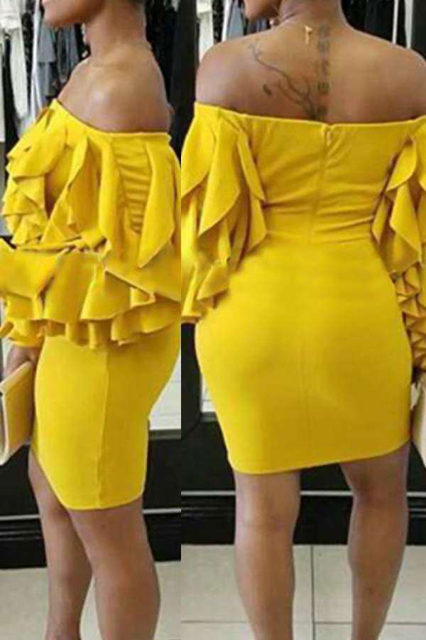  Sexy Bateau Neck Layered Ruffles Yellow Milk Fiber Mini Dress