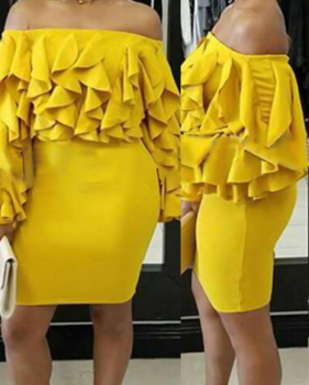  Sexy Bateau Neck Layered Ruffles Yellow Milk Fiber Mini Dress