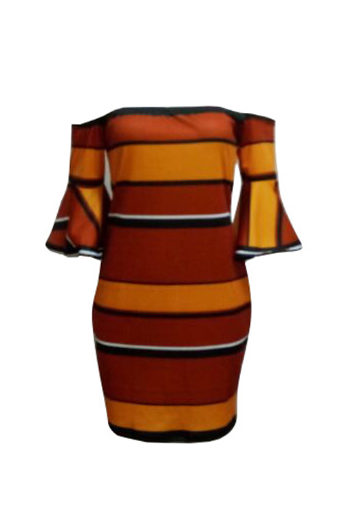  Sexy Bateau Neck Lotus Leaf Sleeves Striped Patchwork Polyester Sheath Mini Dress