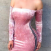  Sexy Bateau Neck Ribbon Splicing Pink Velvet Mini Dress