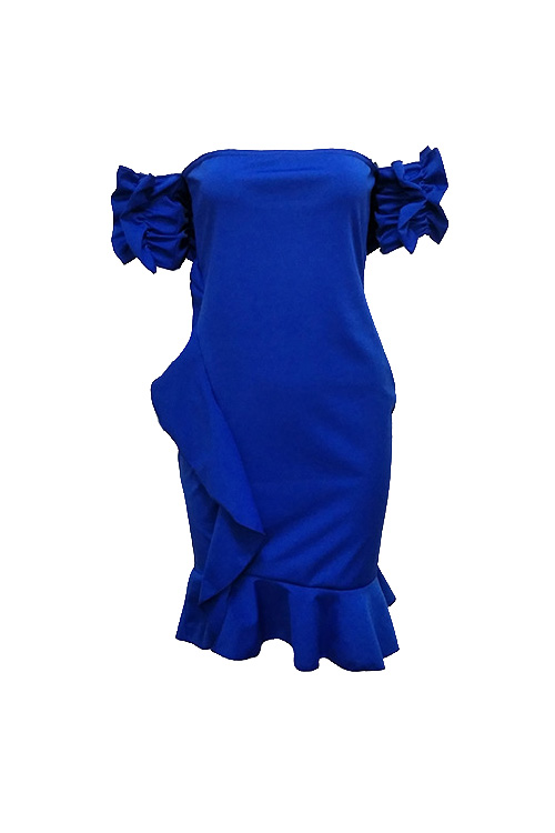  Sexy Bateau Neck Ruffle Design Blue Polyester Knee Length Dress