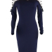  Sexy Bateau Neck Shoulders Lace-up Dark Blue Polyester Mid Calf Dress