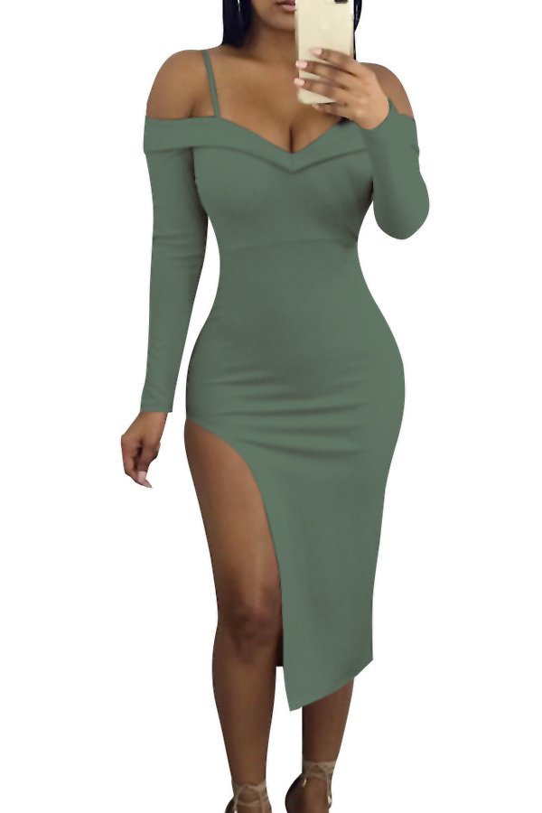  Sexy Bateau Neck Side Slit Army Green Milk Fiber Mid Calf Dress