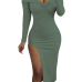  Sexy Bateau Neck Side Slit Army Green Milk Fiber Mid Calf Dress