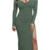  Sexy Bateau Neck Side Slit Army Green Milk Fiber Mid Calf Dress