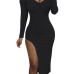  Sexy Bateau Neck Side Slit Black Milk Fiber Mid Calf Dress