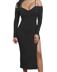  Sexy Bateau Neck Side Slit Black Milk Fiber Mid Calf Dress