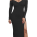  Sexy Bateau Neck Side Slit Black Milk Fiber Mid Calf Dress