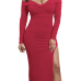  Sexy Bateau Neck Side Slit Wine Red Milk Fiber Mid Calf Dress