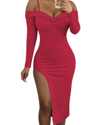  Sexy Bateau Neck Side Slit Wine Red Milk Fiber Mid Calf Dress