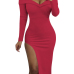  Sexy Bateau Neck Side Slit Wine Red Milk Fiber Mid Calf Dress