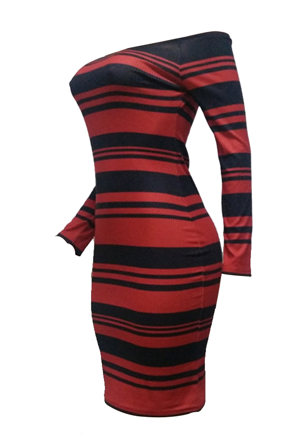  Sexy Bateau Neck Striped Patchwork Polyester Knee Length Dress