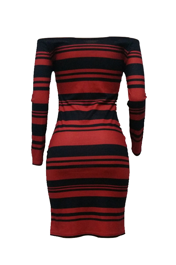  Sexy Bateau Neck Striped Patchwork Polyester Knee Length Dress