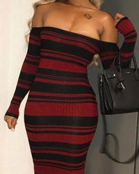  Sexy Bateau Neck Striped Patchwork Polyester Knee Length Dress