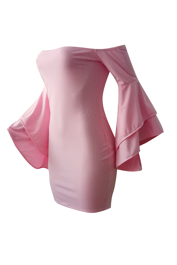  Sexy Bateau Neck Trumpet Sleeves Pink Polyester Mini Dress