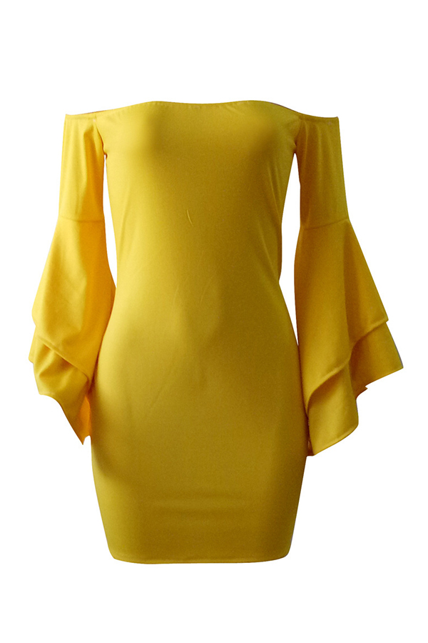  Sexy Bateau Neck Trumpet Sleeves Yellow Polyester Mini Dress