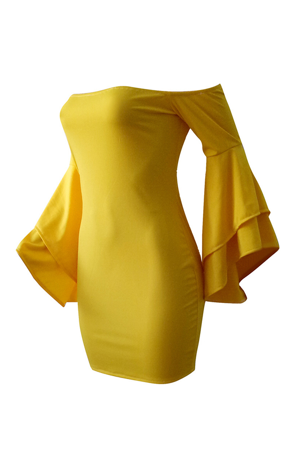  Sexy Bateau Neck Trumpet Sleeves Yellow Polyester Mini Dress