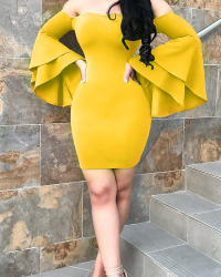  Sexy Bateau Neck Trumpet Sleeves Yellow Polyester Mini Dress