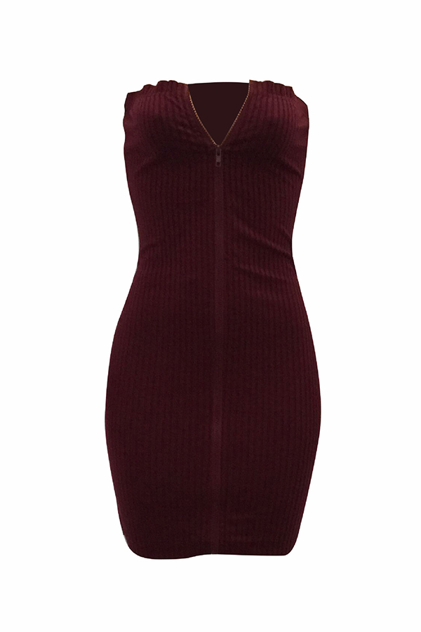  Sexy Bateau Neck Zipper Design Wine Red Cotton Blend Mini Dress