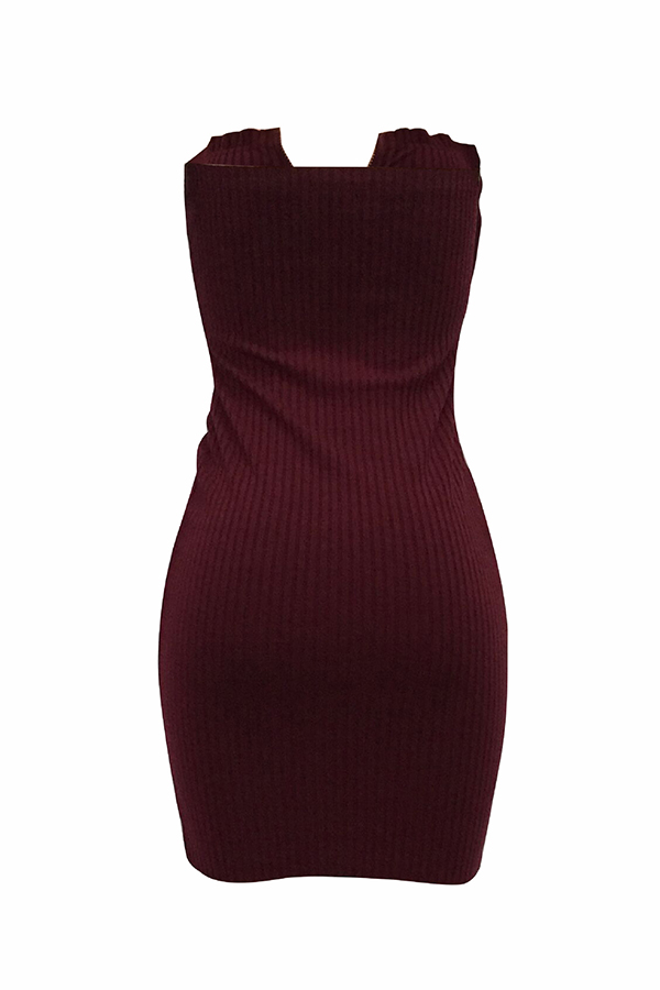  Sexy Bateau Neck Zipper Design Wine Red Cotton Blend Mini Dress