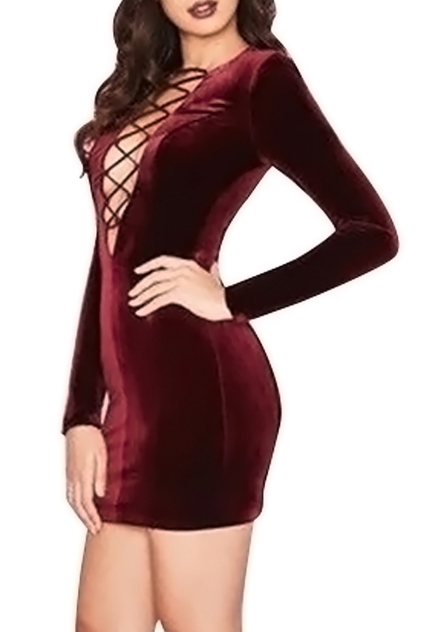  Sexy Deep V Neck Hollow-out Wine Red Velvet Sheath Mini Dress