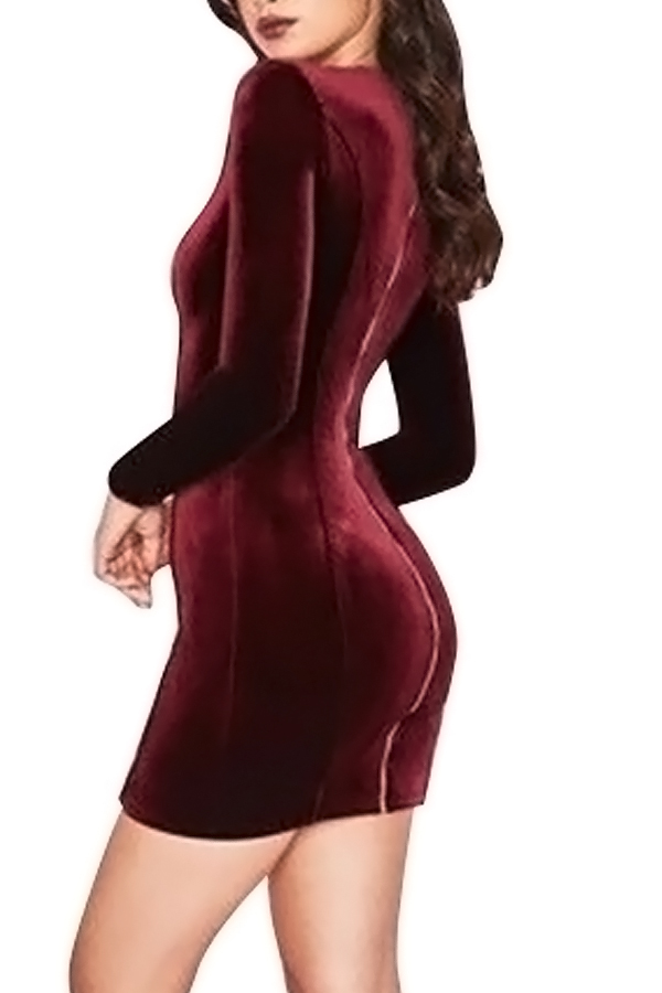  Sexy Deep V Neck Hollow-out Wine Red Velvet Sheath Mini Dress