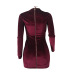  Sexy Deep V Neck Hollow-out Wine Red Velvet Sheath Mini Dress