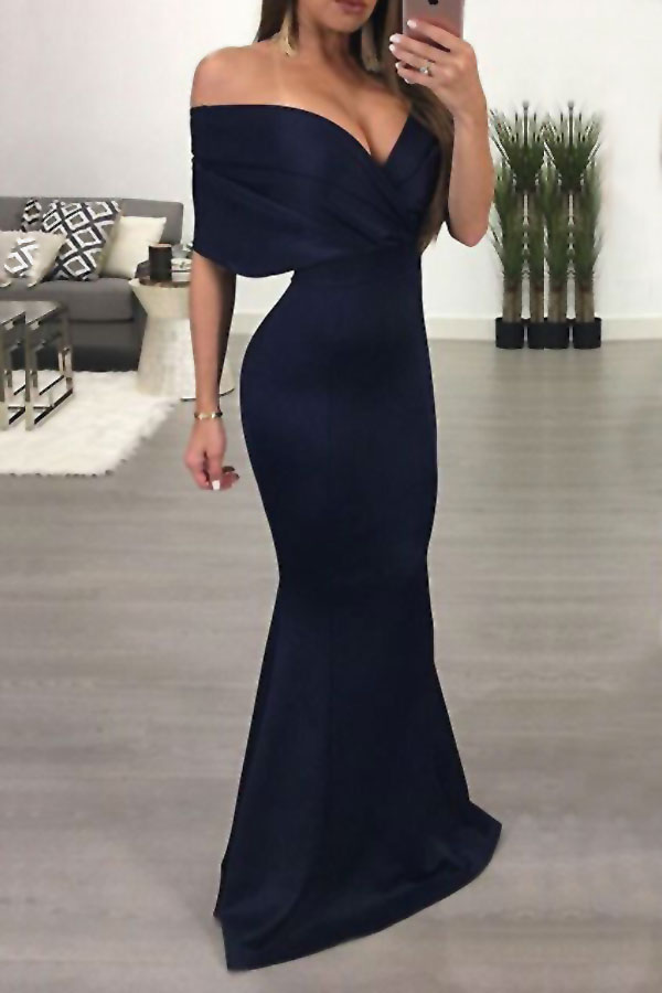  Sexy Deep V Neck Pleated Blue Polyester Floor Length Dress