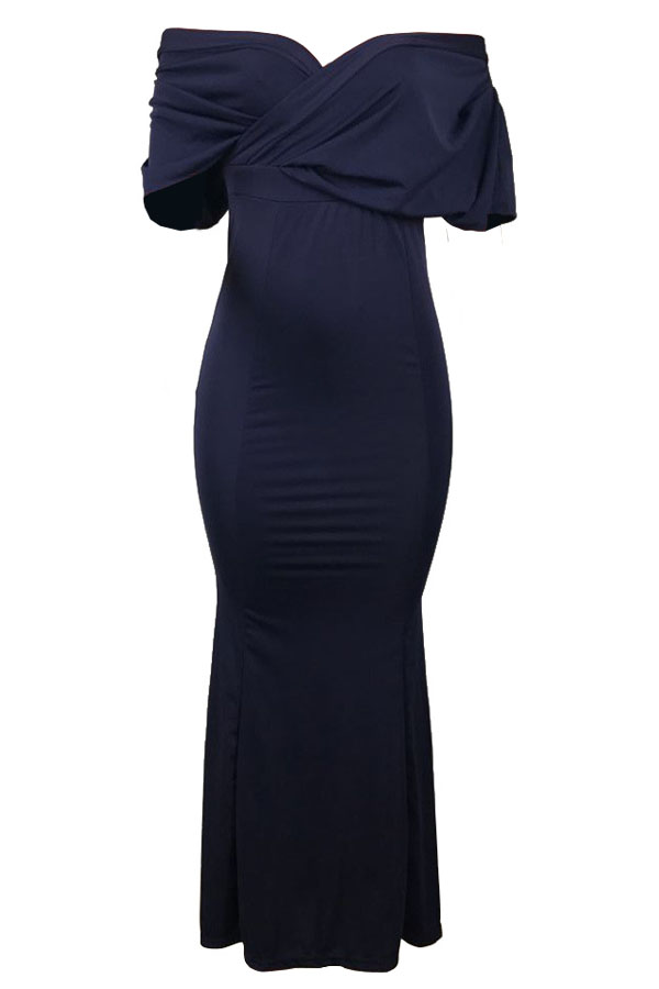  Sexy Deep V Neck Pleated Blue Polyester Floor Length Dress