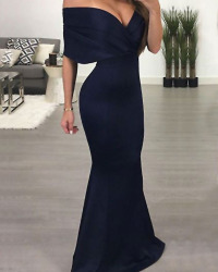  Sexy Deep V Neck Pleated Blue Polyester Floor Length Dress