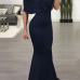  Sexy Deep V Neck Pleated Blue Polyester Floor Length Dress