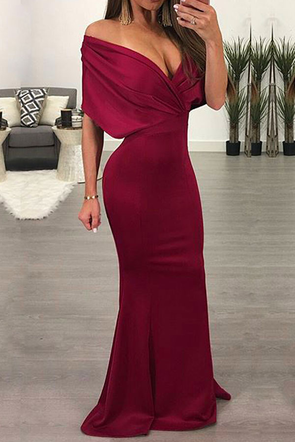  Sexy Deep V Neck Pleated Red Polyester Floor Length Dress