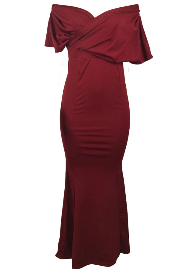  Sexy Deep V Neck Pleated Red Polyester Floor Length Dress