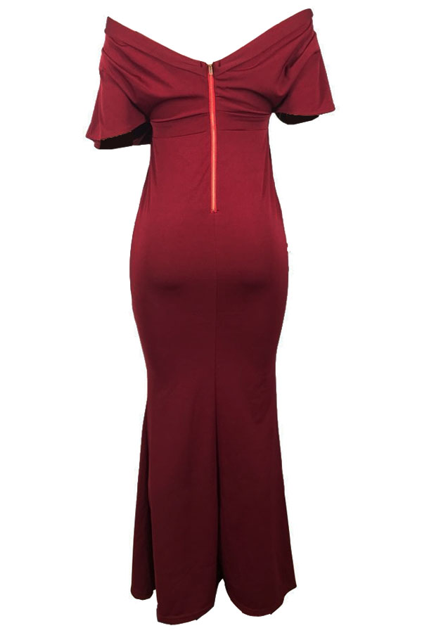  Sexy Deep V Neck Pleated Red Polyester Floor Length Dress