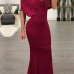  Sexy Deep V Neck Pleated Red Polyester Floor Length Dress