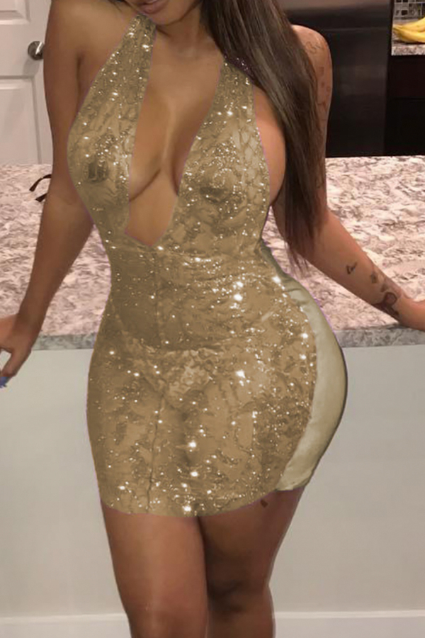  Sexy Deep V Neck Sequined Decorative Gold Polyester See-Through  Mini Backless Dress