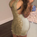  Sexy Deep V Neck Sequined Decorative Gold Polyester See-Through  Mini Backless Dress