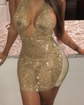  Sexy Deep V Neck Sequined Decorative Gold Polyester See-Through  Mini Backless Dress