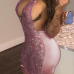  Sexy Deep V Neck Sequined Decorative Pink Polyester See-Through  Mini Backless Dress