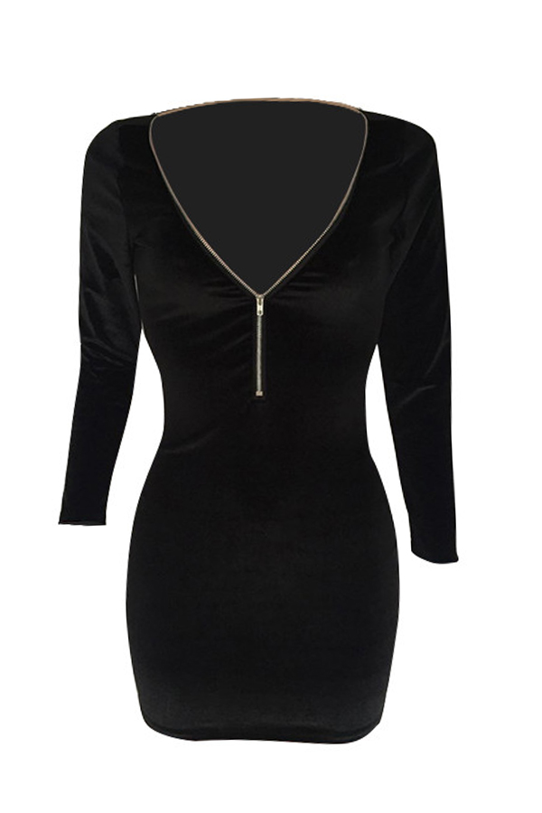  Sexy Deep V Neck Zipper Design Black Velvet Mini Dress